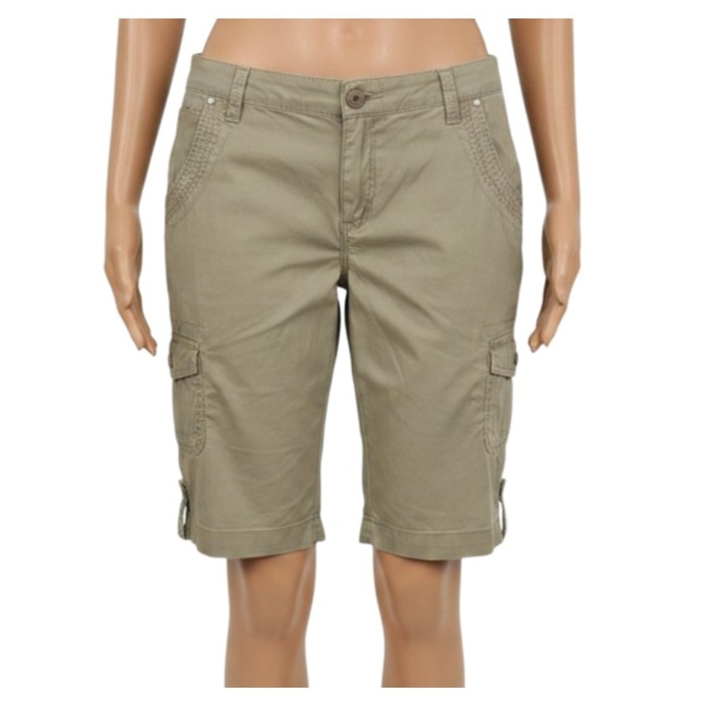 Gloria Vanderbilt Farah Skimmer Shorts 16 Khaki Cargo‎ Ruched Stretch Comfort